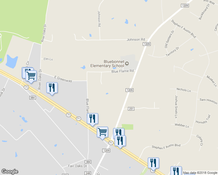 map of restaurants, bars, coffee shops, grocery stores, and more near 351 Blue Flame Road in Cedar Creek