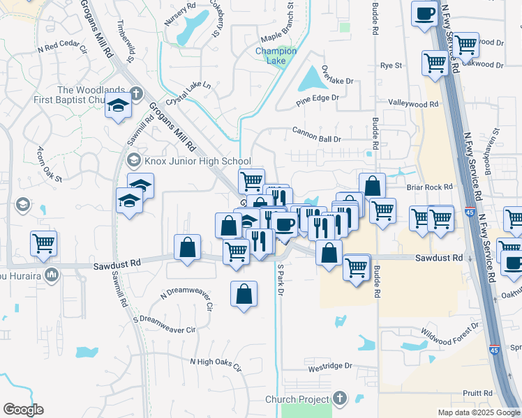 map of restaurants, bars, coffee shops, grocery stores, and more near 25202 Grogans Mill Road in Spring