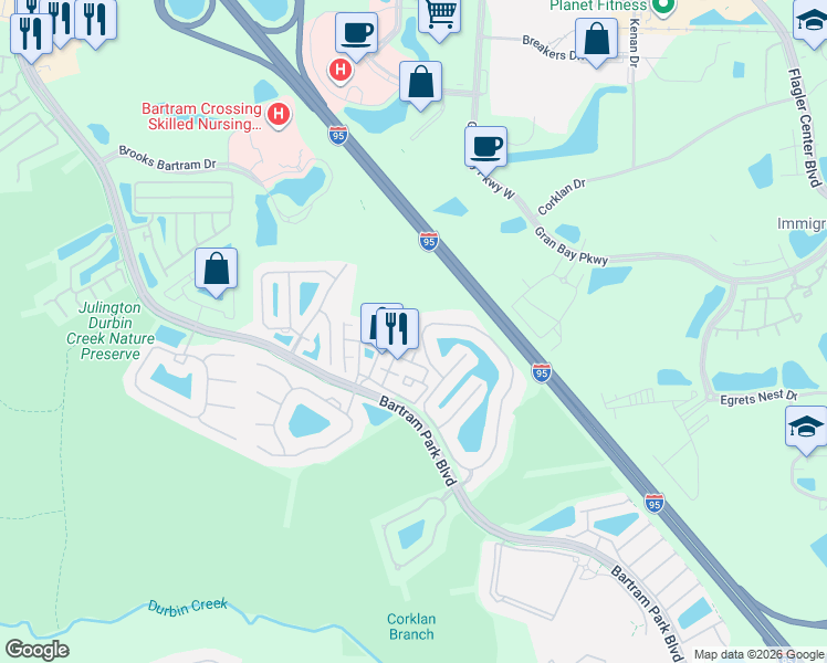 map of restaurants, bars, coffee shops, grocery stores, and more near 6793 Roundleaf Drive in Jacksonville