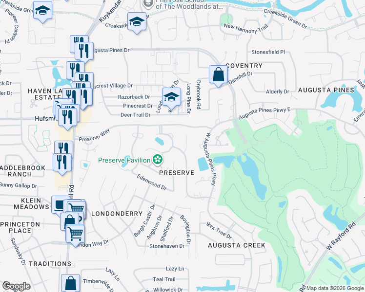 map of restaurants, bars, coffee shops, grocery stores, and more near 8003 Wooded Way Drive in Spring