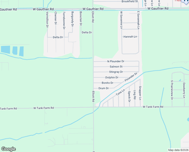 map of restaurants, bars, coffee shops, grocery stores, and more near 2525 Dolphin Drive in Lake Charles