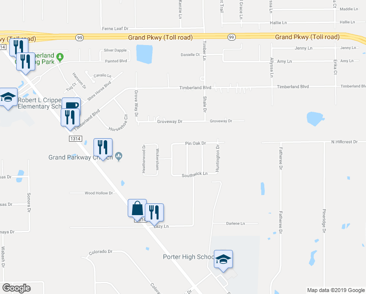 map of restaurants, bars, coffee shops, grocery stores, and more near 19568 Pin Oak Drive in Porter