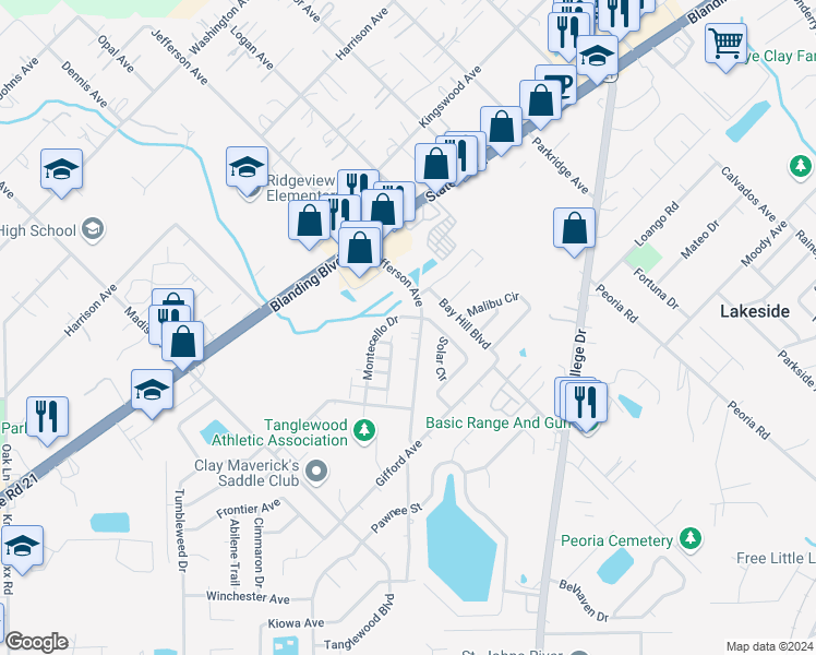 map of restaurants, bars, coffee shops, grocery stores, and more near 1316 Jefferson Avenue in Orange Park