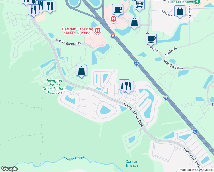 map of restaurants, bars, coffee shops, grocery stores, and more near 12989 Spring Rain Road in Jacksonville