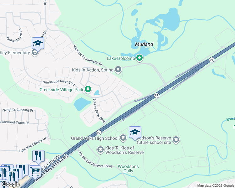 map of restaurants, bars, coffee shops, grocery stores, and more near 29006 Red River Loop in Spring