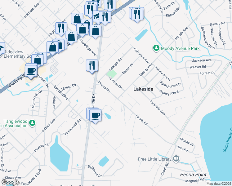 map of restaurants, bars, coffee shops, grocery stores, and more near 3500 Peoria Road in Orange Park