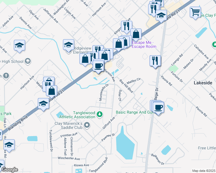 map of restaurants, bars, coffee shops, grocery stores, and more near 1286 Montecello Drive in Orange Park