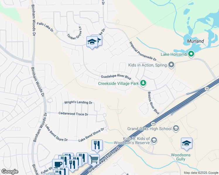 map of restaurants, bars, coffee shops, grocery stores, and more near 4135 Pedernales River Lane in Spring