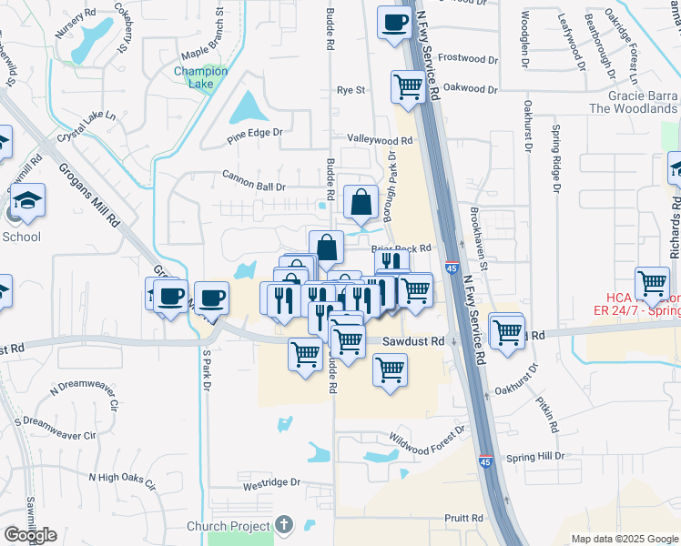 map of restaurants, bars, coffee shops, grocery stores, and more near 25340 Budde Road in Spring