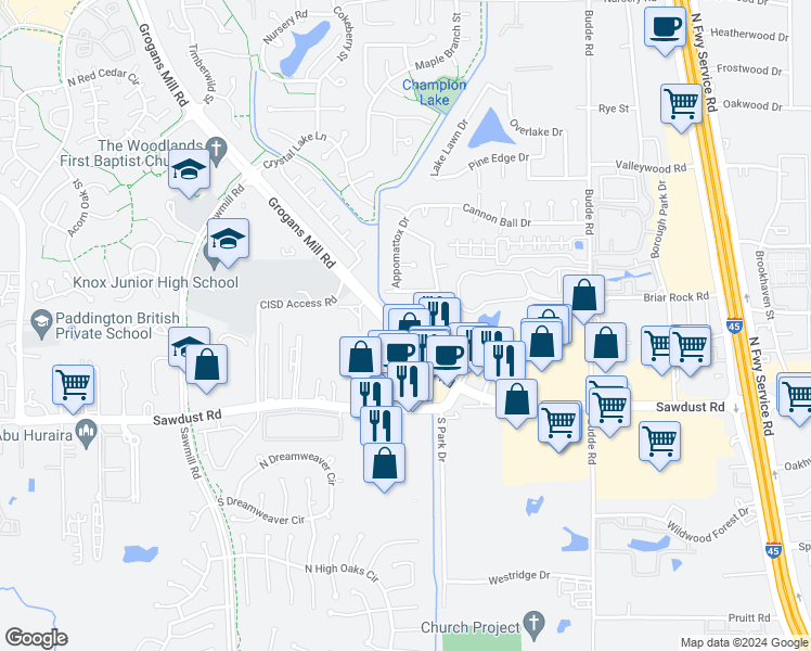 map of restaurants, bars, coffee shops, grocery stores, and more near 25202 Grogans Mill Road in Spring