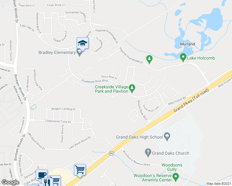 map of restaurants, bars, coffee shops, grocery stores, and more near 4418 Nueces River Loop in Spring