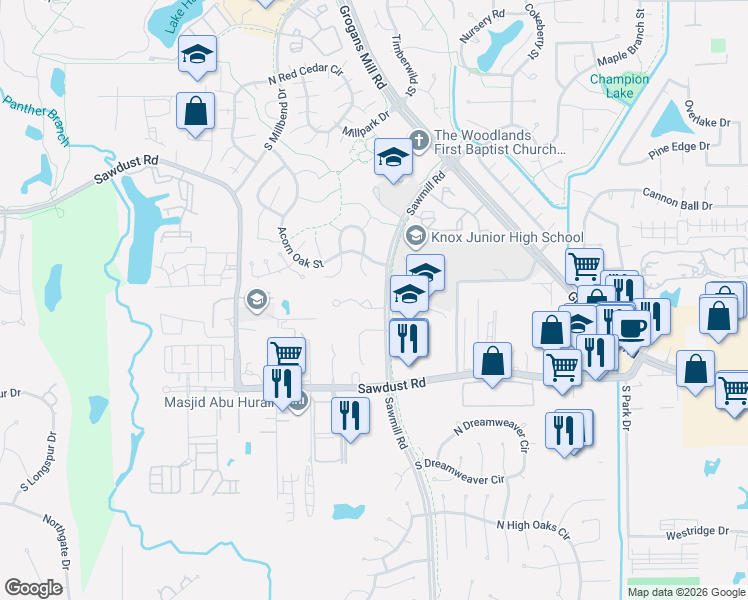 map of restaurants, bars, coffee shops, grocery stores, and more near 1 Sawmill Grove Lane in Spring