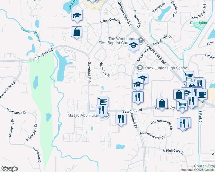 map of restaurants, bars, coffee shops, grocery stores, and more near 1546 Sawdust Road in Spring