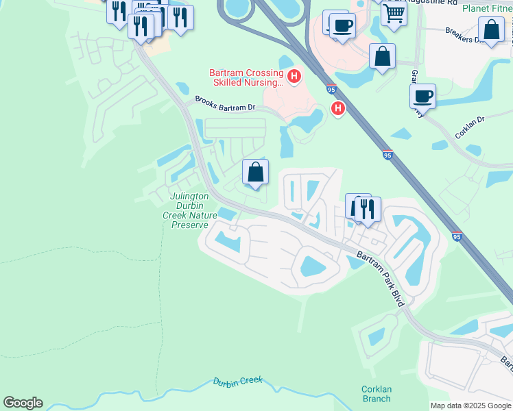 map of restaurants, bars, coffee shops, grocery stores, and more near 6489 White Flower Court in Jacksonville