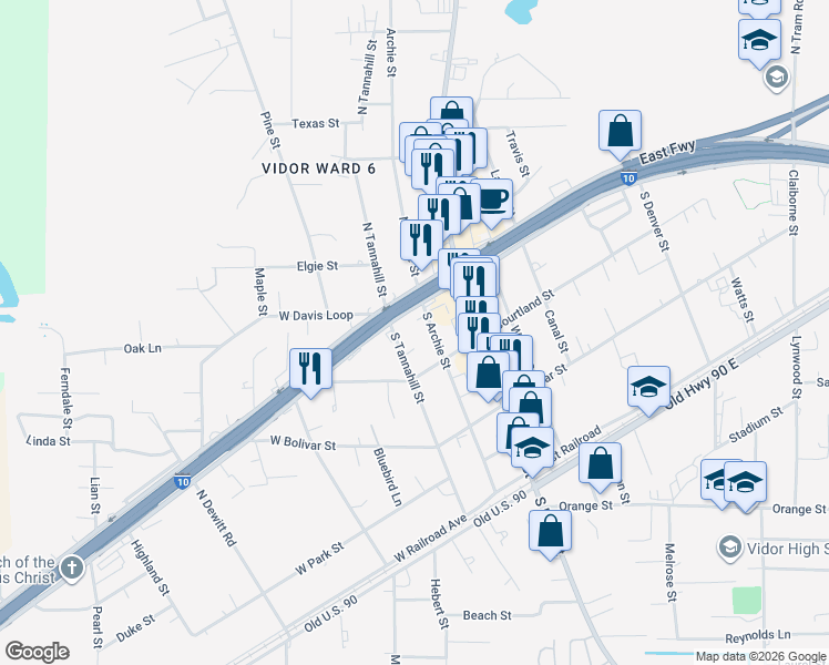 map of restaurants, bars, coffee shops, grocery stores, and more near 530 South Tannahill Street in Vidor