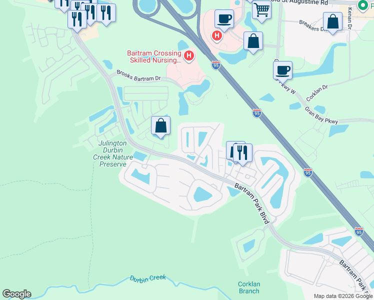 map of restaurants, bars, coffee shops, grocery stores, and more near 13275 Ocean Mist Drive in Jacksonville