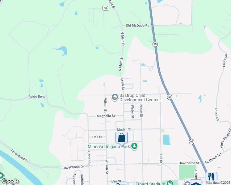 map of restaurants, bars, coffee shops, grocery stores, and more near 605 Mesquite Street in Bastrop