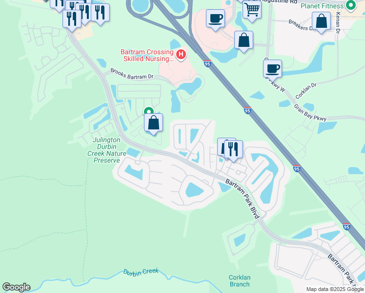 map of restaurants, bars, coffee shops, grocery stores, and more near 13025 Springs Manor Drive in Jacksonville