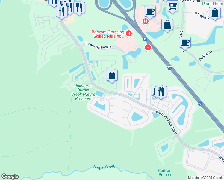 map of restaurants, bars, coffee shops, grocery stores, and more near 6489 White Flower Court in Jacksonville
