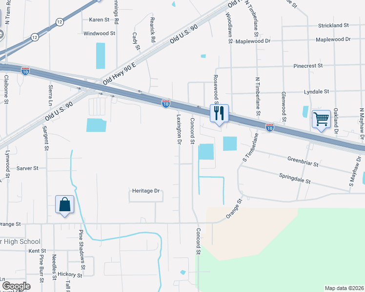 map of restaurants, bars, coffee shops, grocery stores, and more near 365 Lexington Drive in Vidor
