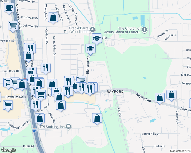 map of restaurants, bars, coffee shops, grocery stores, and more near 623 Aulia Lane in Spring