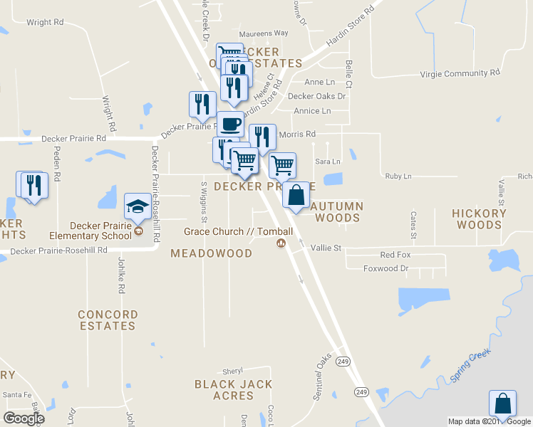 map of restaurants, bars, coffee shops, grocery stores, and more near 31903 Texas 249 in Pinehurst