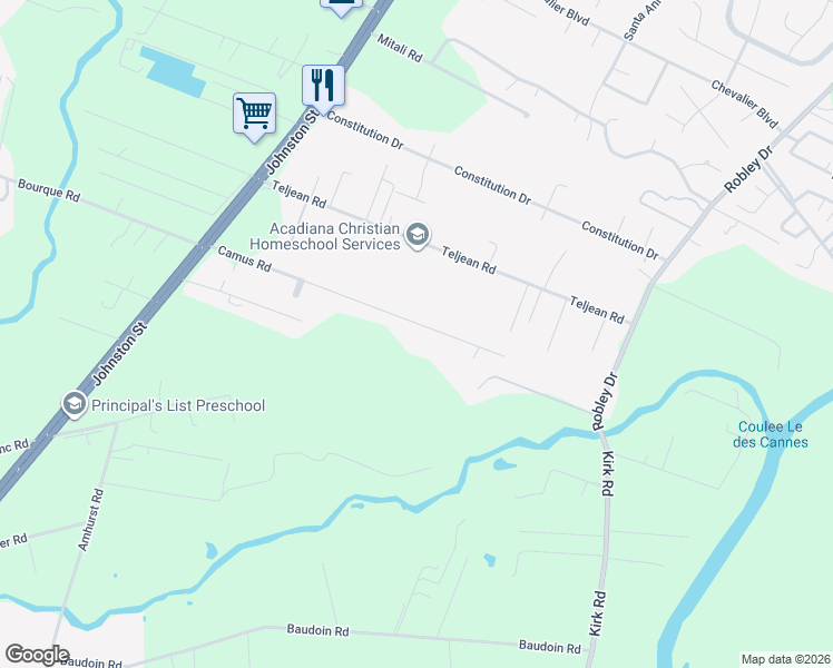map of restaurants, bars, coffee shops, grocery stores, and more near 332 Camus Road in Lafayette