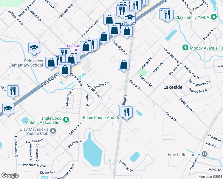 map of restaurants, bars, coffee shops, grocery stores, and more near 2608 Malibu Circle in Orange Park