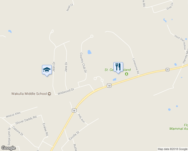map of restaurants, bars, coffee shops, grocery stores, and more near 59 Fair Way in Crawfordville