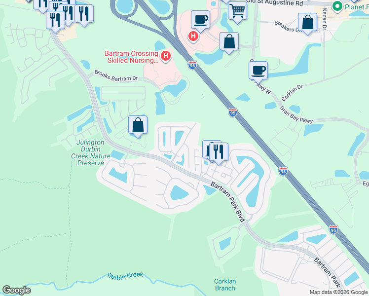 map of restaurants, bars, coffee shops, grocery stores, and more near 12979 Spring Rain Road in Jacksonville