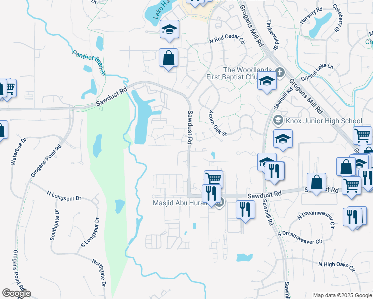 map of restaurants, bars, coffee shops, grocery stores, and more near 2149 Sawdust Road in The Woodlands