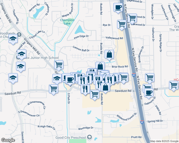 map of restaurants, bars, coffee shops, grocery stores, and more near 25275 Budde Road in Spring