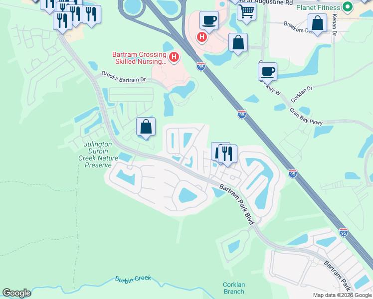 map of restaurants, bars, coffee shops, grocery stores, and more near 13025 Springs Manor Drive in Jacksonville