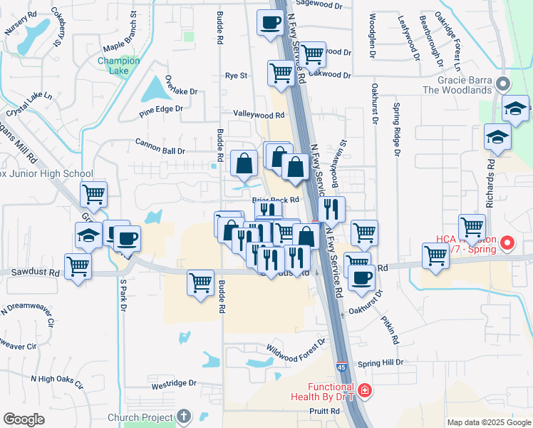 map of restaurants, bars, coffee shops, grocery stores, and more near 25349 Borough Park Drive in Spring