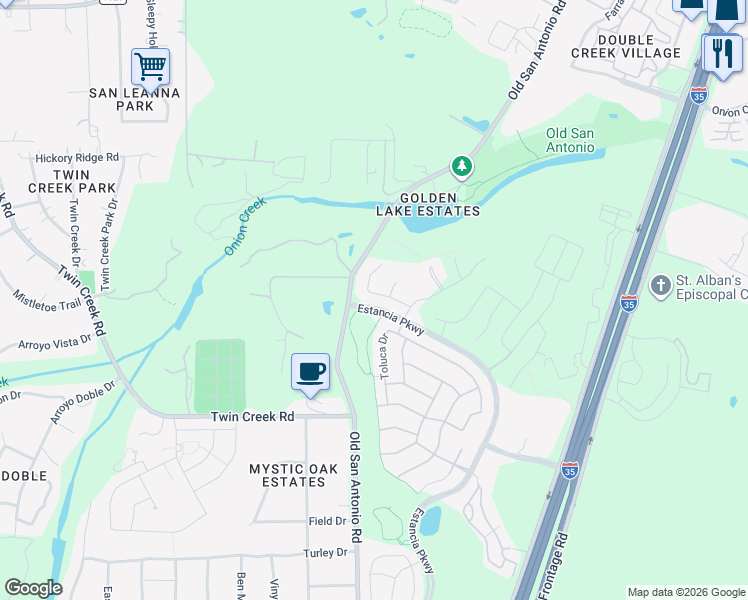 map of restaurants, bars, coffee shops, grocery stores, and more near 12202 Toluca Drive in Austin