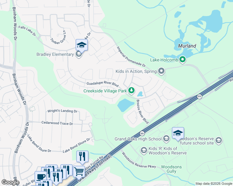 map of restaurants, bars, coffee shops, grocery stores, and more near 4410 Nueces River Loop in Spring