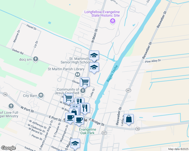 map of restaurants, bars, coffee shops, grocery stores, and more near 716 North Main Street in Saint Martinville
