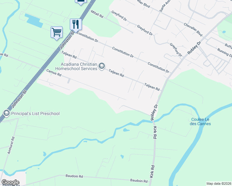 map of restaurants, bars, coffee shops, grocery stores, and more near 364 Camus Road in Lafayette