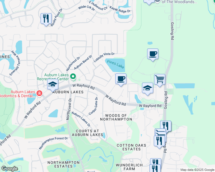 map of restaurants, bars, coffee shops, grocery stores, and more near 25218 Knob Pines Court in Spring