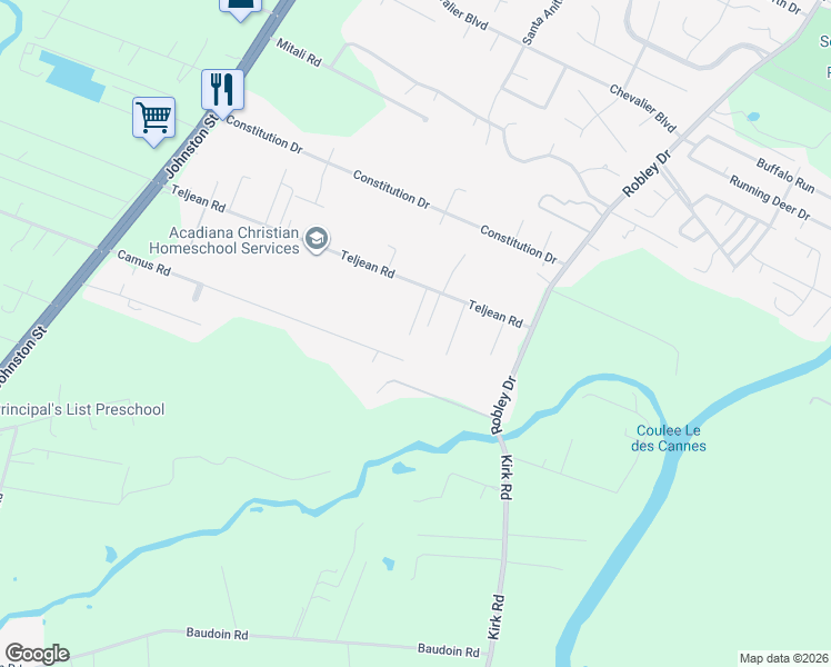 map of restaurants, bars, coffee shops, grocery stores, and more near 400B Teljean Road in Lafayette