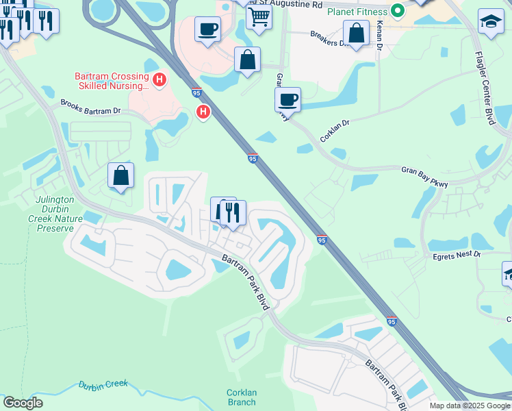 map of restaurants, bars, coffee shops, grocery stores, and more near 6835 Roundleaf Drive in Jacksonville