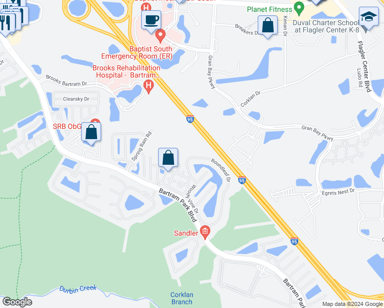 map of restaurants, bars, coffee shops, grocery stores, and more near 6833 Roundleaf Drive in Jacksonville