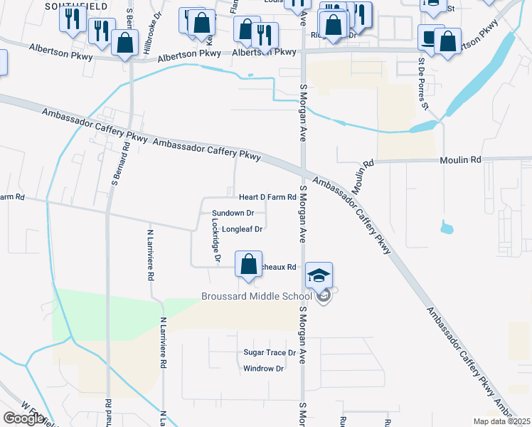 map of restaurants, bars, coffee shops, grocery stores, and more near 200 Longleaf Drive in Broussard