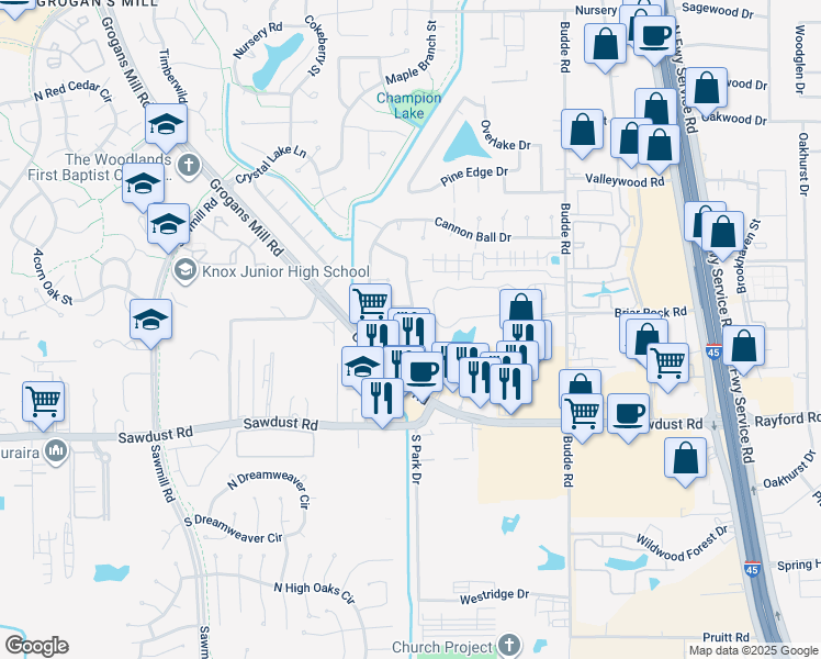 map of restaurants, bars, coffee shops, grocery stores, and more near 25330 Elm Creek Drive in Spring
