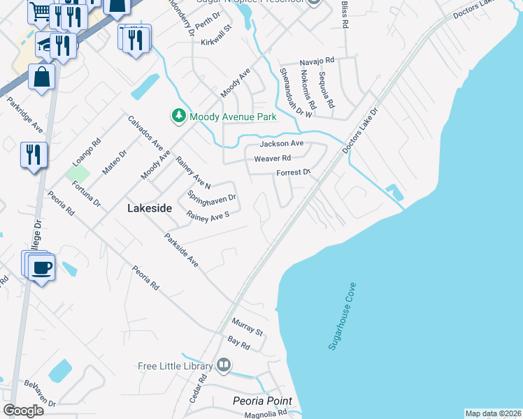map of restaurants, bars, coffee shops, grocery stores, and more near 5216 Rainey Avenue North in Orange Park