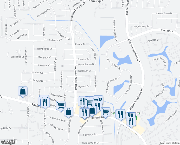 map of restaurants, bars, coffee shops, grocery stores, and more near 2202 Wickburn Drive in Spring