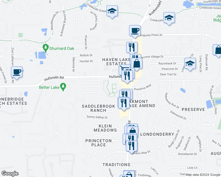 map of restaurants, bars, coffee shops, grocery stores, and more near Hufsmith Road in Tomball