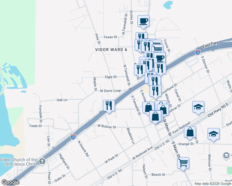 map of restaurants, bars, coffee shops, grocery stores, and more near 360 West Davis Loop in Vidor