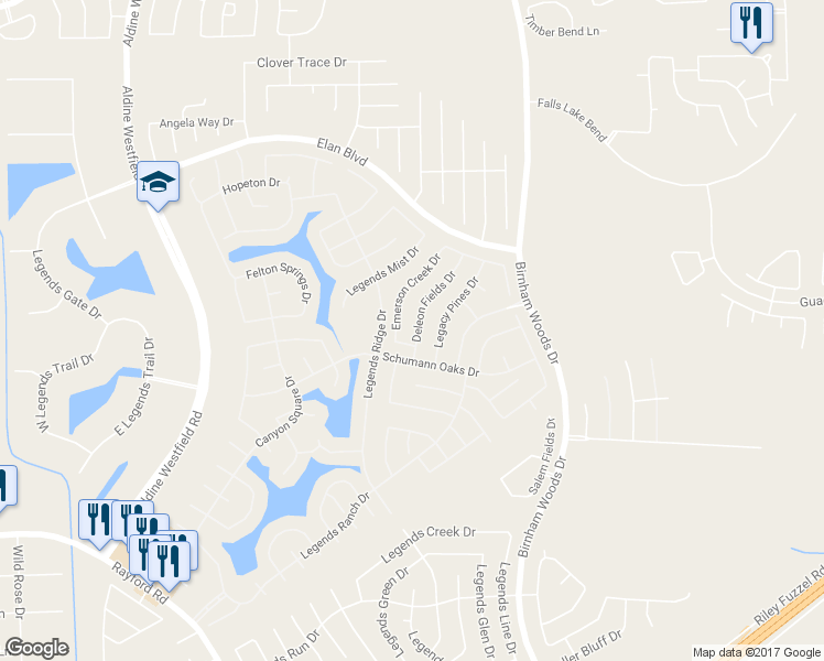 map of restaurants, bars, coffee shops, grocery stores, and more near 30223 Deleon Fields Drive in Spring