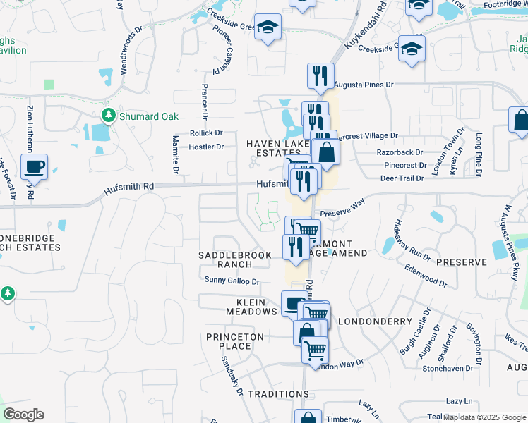 map of restaurants, bars, coffee shops, grocery stores, and more near Hufsmith Road in Tomball